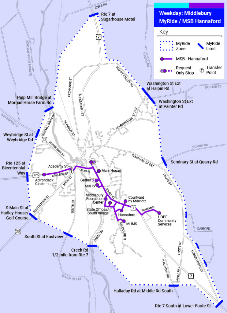 Map of MyRide by TVT Middlebury zones