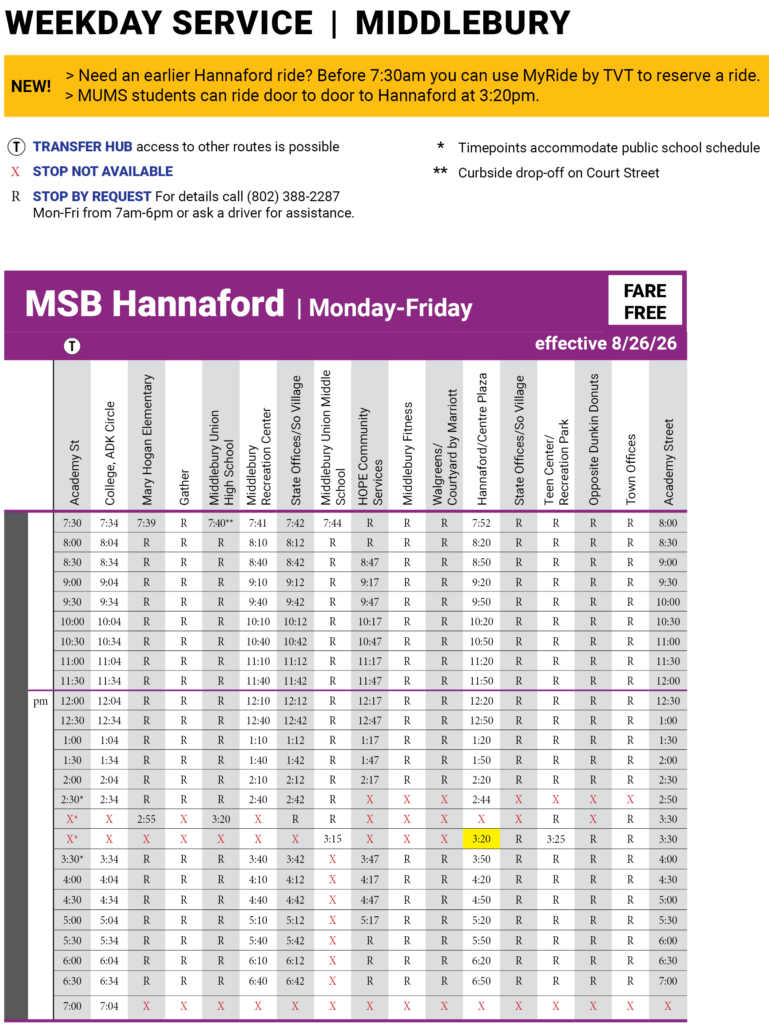 MSB Hannaford August 2026 schedule
